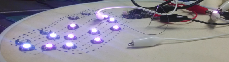 The 18-LED circuit with populated data lines.  Approximately half the LEDs are dark, and two LEDs are plumbed into the circuit with alligator clips for testing.